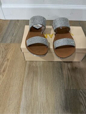 Crystal Two-Band Slide Sandals in Silver and Tan